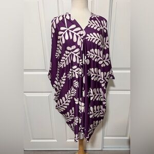 Kini Zamora‎ Dress Purple White Bathing Suit Beach Cover Up Cold Shoulder Kaftan